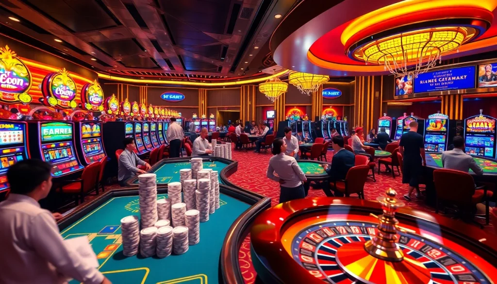 Experience the vibrant gambling world of KJC AC 1 with players enjoying casino tables and slot machines.