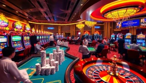 Experience the vibrant gambling world of KJC AC 1 with players enjoying casino tables and slot machines.