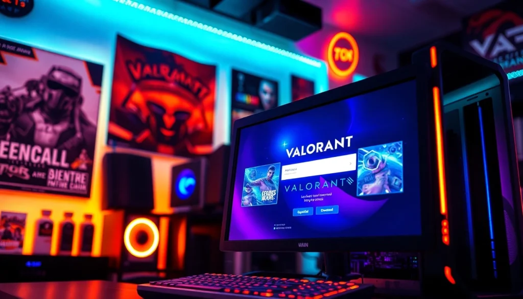 Initiate your valorant download with an engaging gaming setup and vibrant visuals.