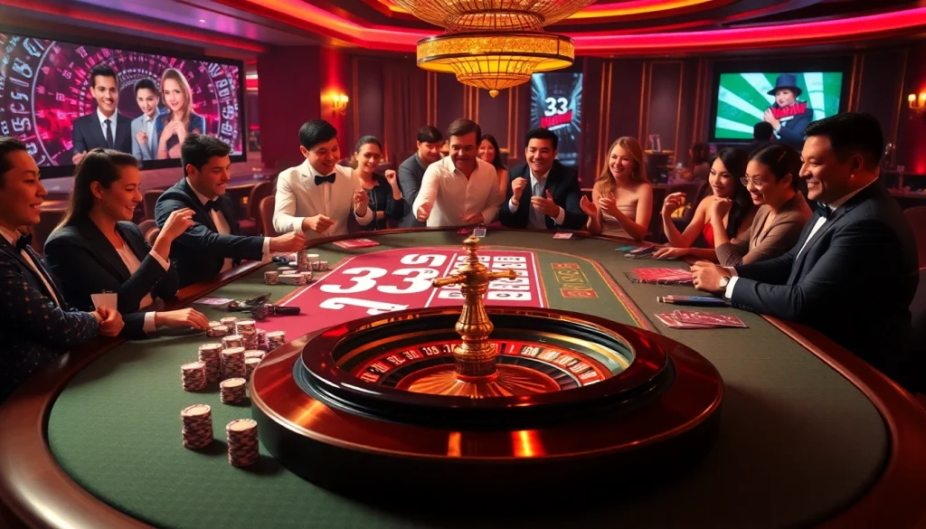 Players enjoy high-stakes poker at a luxurious 33win .com casino table, immersed in excitement and professional gaming.