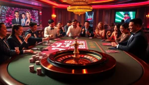 Players enjoy high-stakes poker at a luxurious 33win .com casino table, immersed in excitement and professional gaming.