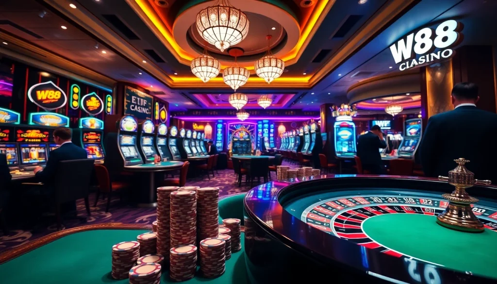 W88 players enjoying an exciting casino game at a stylish gambling venue.