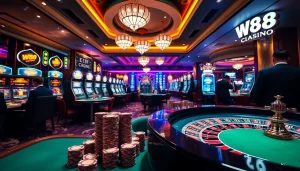 W88 players enjoying an exciting casino game at a stylish gambling venue.