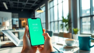 현대적인 사무실에서 스마트폰 인터페이스를 통해 소액결제를 강조하는 마이크로결제 프로세스