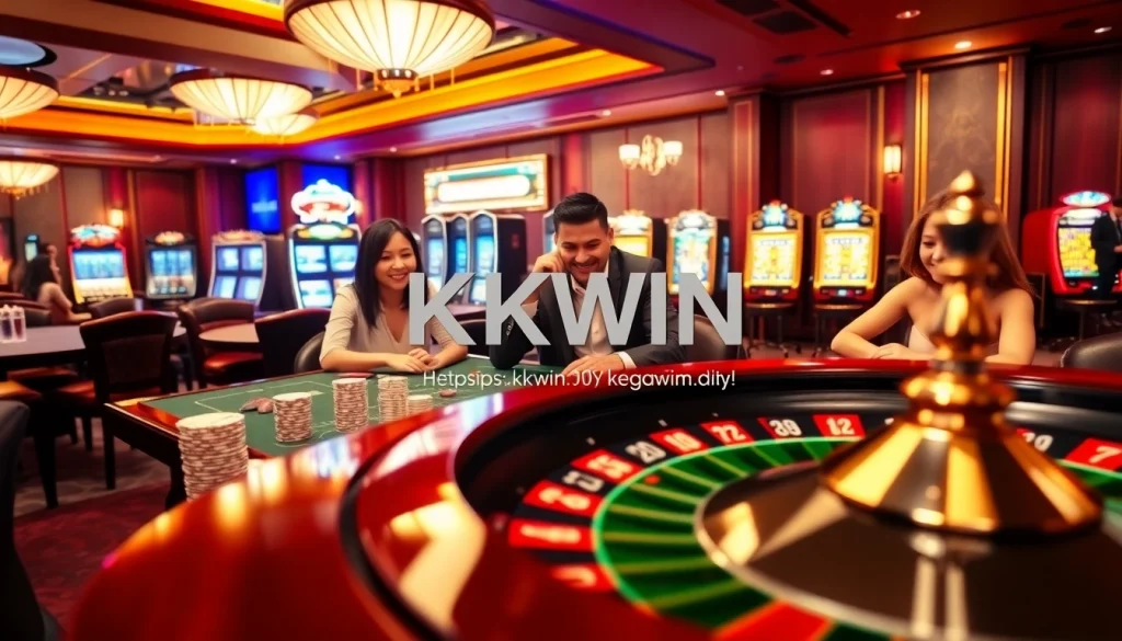 Winning at various games in KKWIN's vibrant casino atmosphere at https://kkwin.diy/ with poker chips and roulette.
