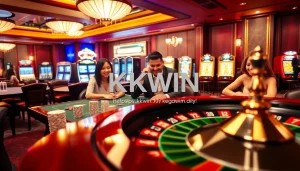 Winning at various games in KKWIN's vibrant casino atmosphere at https://kkwin.diy/ with poker chips and roulette.