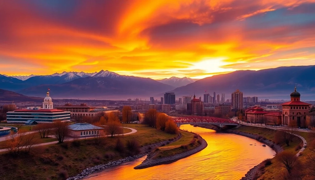 View of Almaty, Kazakhstan featuring mountains, city skyline, and a river at sunset on https://albmaftoh.com