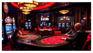 Experience the thrill of gambling at 123b with vibrant gaming tables and slot machines.