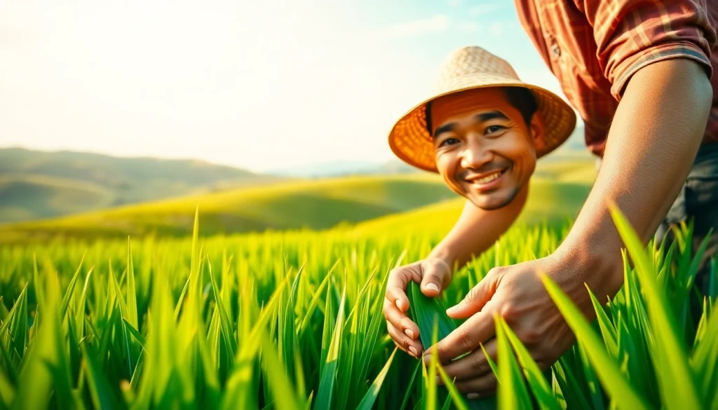 Petani toto bekerja di ladang padi yang subur dan hijau.