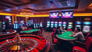 Experience the excitement of KJC LINK with vibrant roulette tables and slot machines.