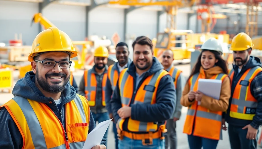 Showcasing a diverse group engaged in construction workforce development training on site.