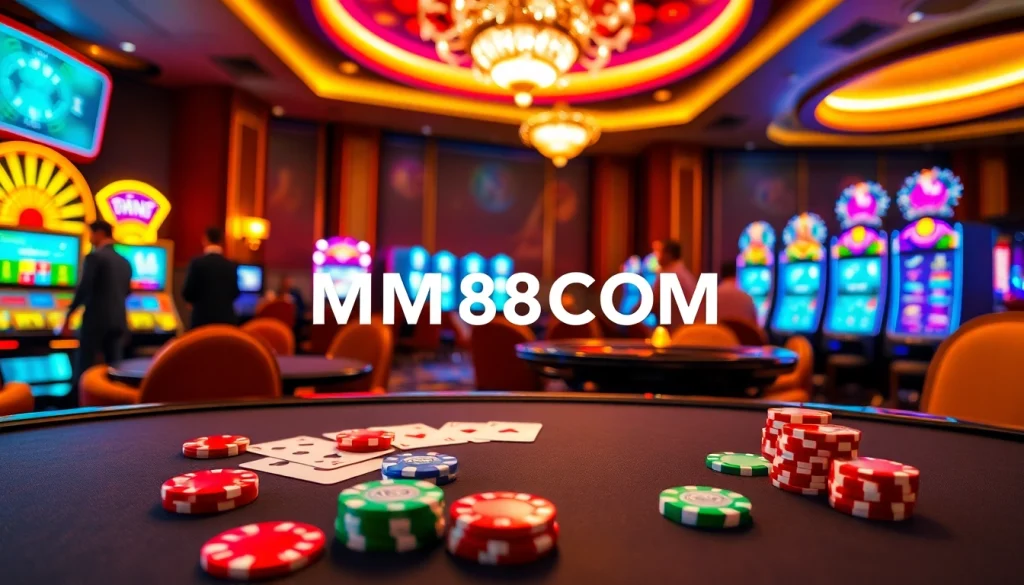 Experience the excitement of MM88COM with vibrant casino tables, poker chips, and engaging gamblers.