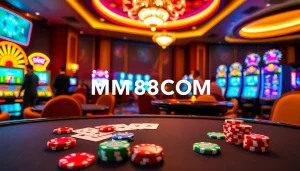 Experience the excitement of MM88COM with vibrant casino tables, poker chips, and engaging gamblers.