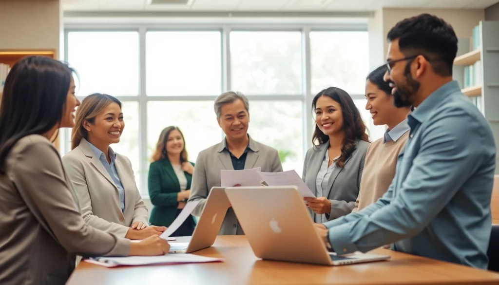 Engaged professionals offering Insurance Claims Help to clients in a supportive office environment.