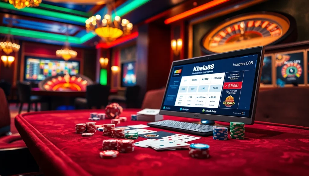 Exciting Khela88 voucher code offers displayed on a luxurious casino table with vibrant chips.