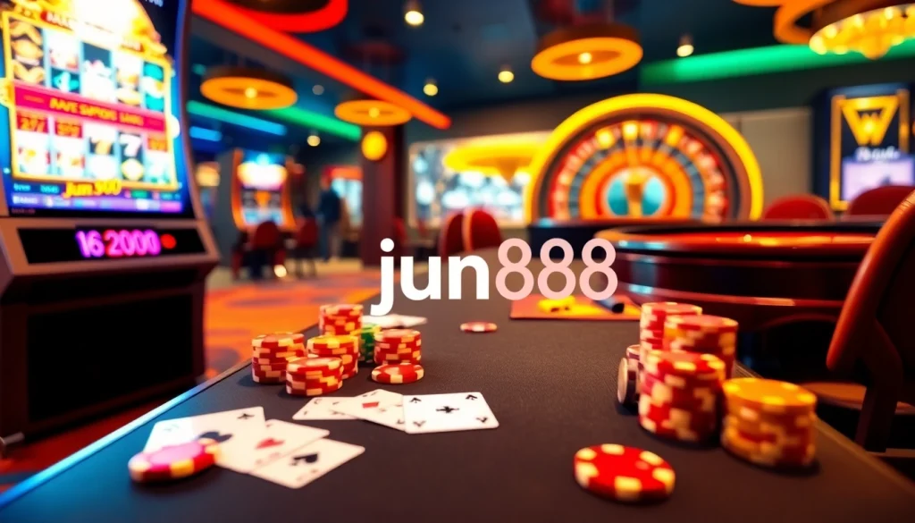 Engage with the link jun88 at a vibrant casino scene featuring gaming tables and slot machines.