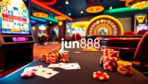 Engage with the link jun88 at a vibrant casino scene featuring gaming tables and slot machines.