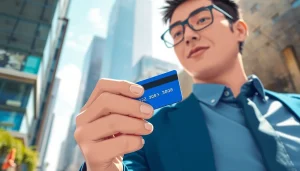 카드깡을 수행하는 사람을 강조한 도시 배경의 일러스트입니다.