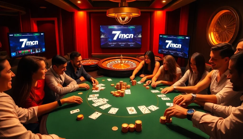 Players at a vibrant poker table enjoying games and scores from 7mcn as excitement fills the air.