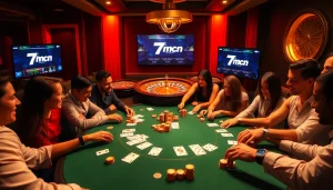 Players at a vibrant poker table enjoying games and scores from 7mcn as excitement fills the air.