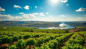 Vibrant vineyard scenery in Clarksburg CA with the peaceful Sacramento River and picturesque hills.