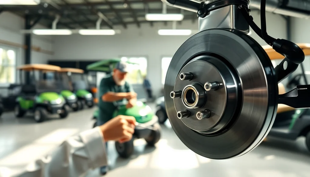 Technician inspecting golf cart brakes in a well-lit workshop showcasing quality service.