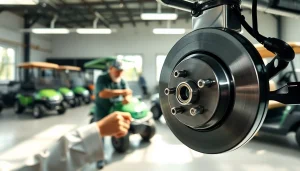 Technician inspecting golf cart brakes in a well-lit workshop showcasing quality service.