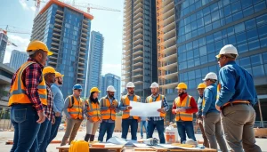Construction association denver team collaborating on an urban high-rise project.