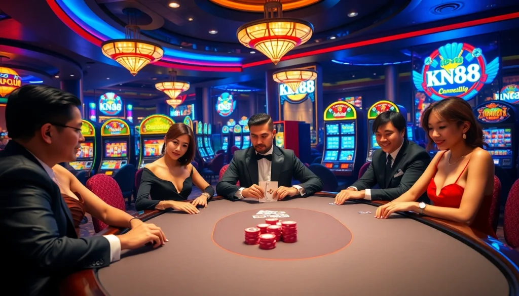 Experience the excitement of king88 with vibrant casino games and players engaging at tables.