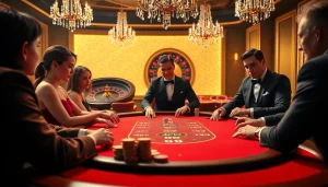 3king high-stakes poker table scene featuring colorful chips and elegant players.