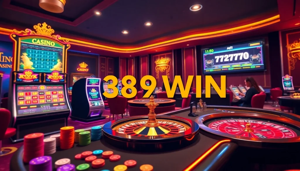 Engage in thrilling online casino gaming with 389WIN, showcasing vibrant slot machines and poker tables.