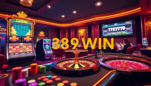 Engage in thrilling online casino gaming with 389WIN, showcasing vibrant slot machines and poker tables.