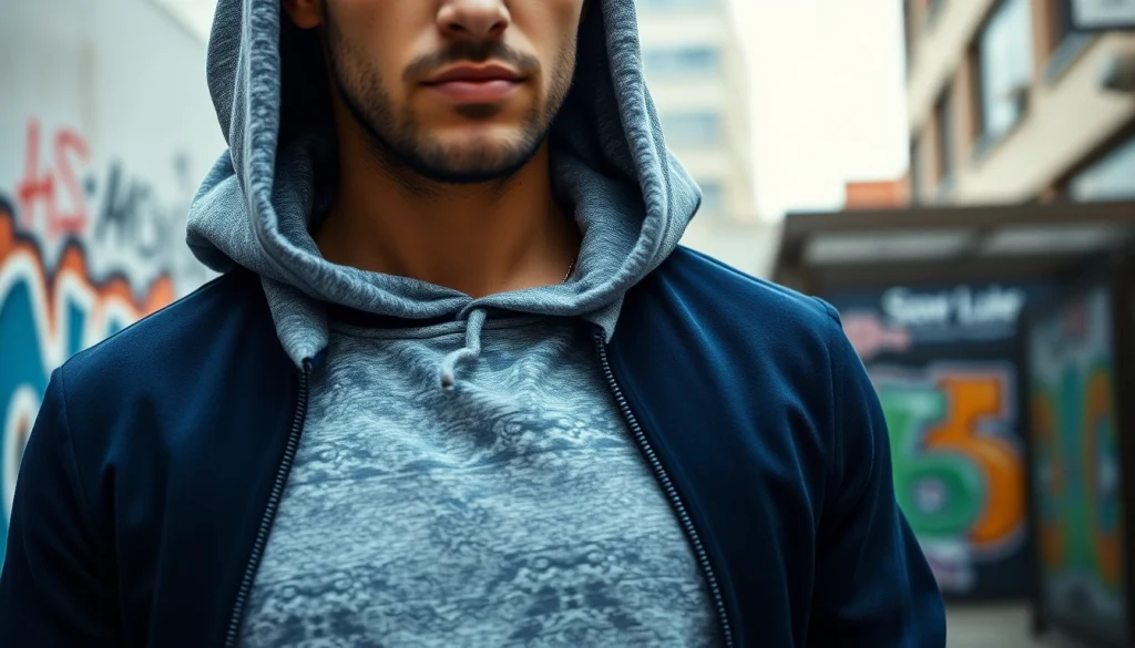 Stylish man in designer hoodies for men against an urban backdrop