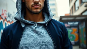 Stylish man in designer hoodies for men against an urban backdrop