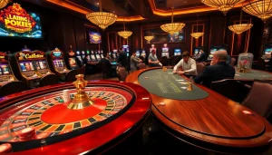 Experience thrilling gambling action at firekills.co.uk with vibrant casino scenes featuring poker and roulette games.
