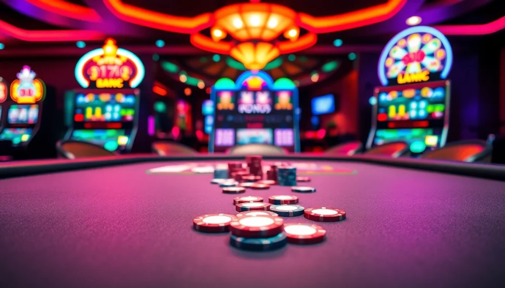 Situs judi yang menggoda dengan meja permainan dan mesin slot menyala di latar belakang.