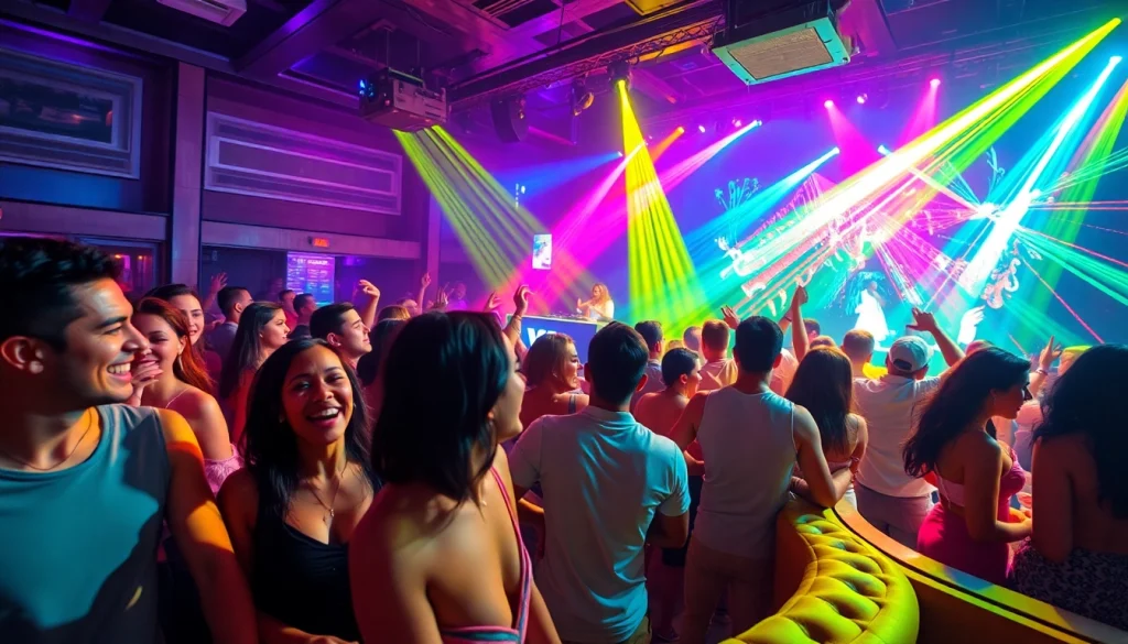 Pulsating Puerto Rico nightlife events capturing energetic crowds dancing in colorful lights.