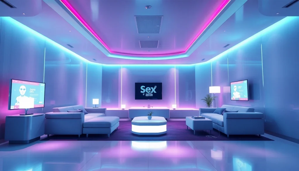 Engaging scene of users interacting with AI chatbots in a futuristic lounge, highlighting sex ai technology.