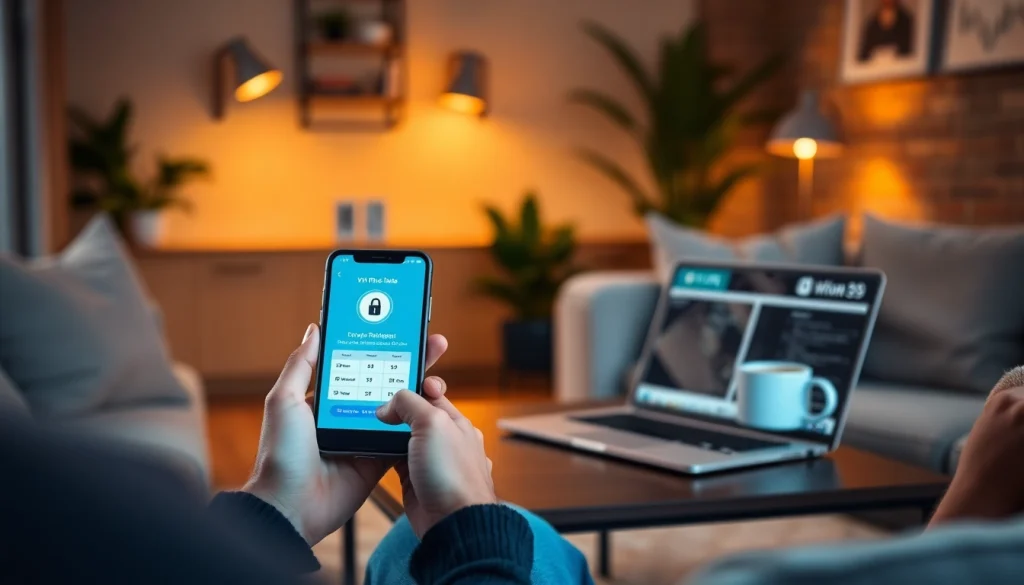快连vpn下载 displayed on a smartphone in a cozy living room, emphasizing security and convenience.