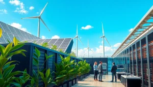 Cloud crypto mining facility powered by renewable energy, showcasing advanced technology and a collaborative team.