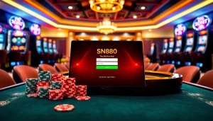 Engaging scene of SN888 Login with poker chips and casino tables showcasing thrilling gambling action.