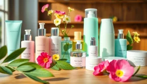 K-beauty-produkter i Sverige presenterade vackert på ett träbord med blommor.