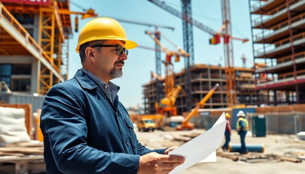 New York Construction Manager directing site activities with workers and cranes in the background.