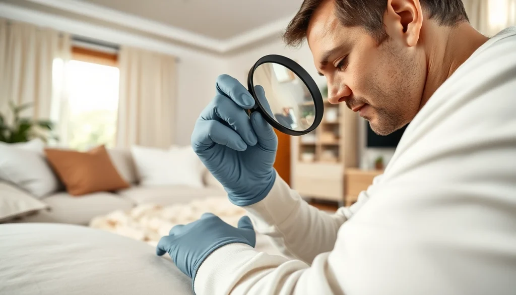 Inspecting a living room for bed bugs at https://affordablebedbugexterminators.com, showcasing a thorough evaluation.