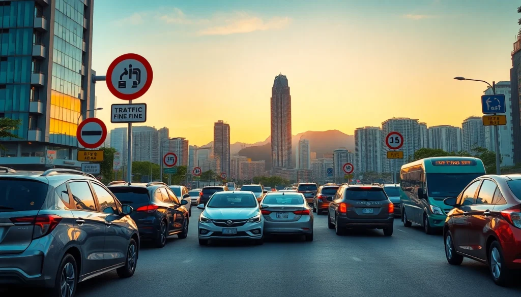 View of a busy street with traffic fines signs reflecting the services of https://finecheck.cy in Cyprus.