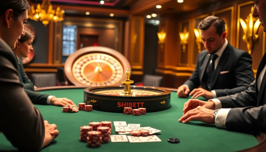 Players engaging in a thrilling shbet poker game at a luxurious casino table.