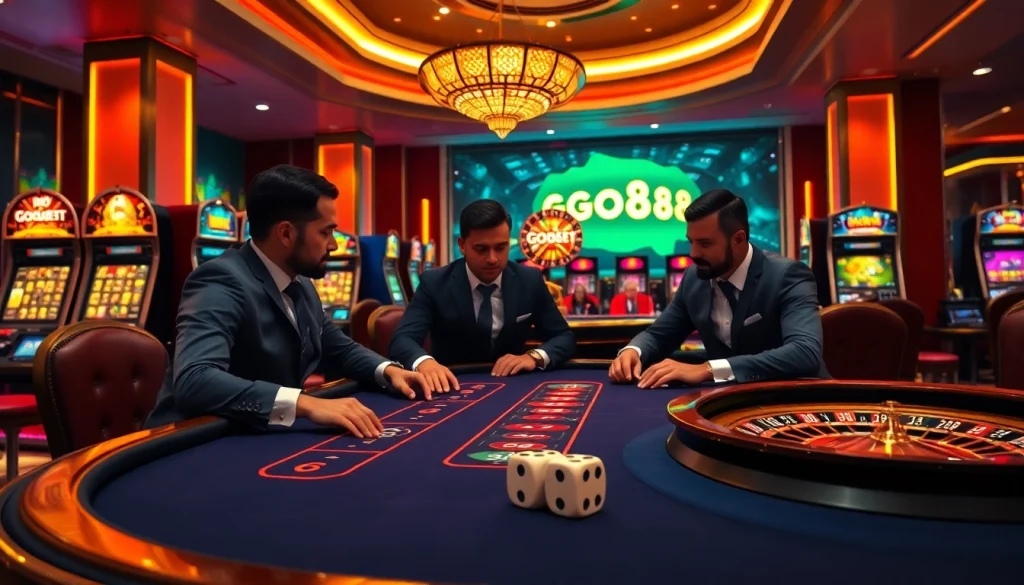 Experience the thrill of go88 at a high-stakes poker game with vibrant slots and roulette.