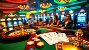 Experience the thrill of toto togel amidst an elegant casino setting with engaging gaming tables.