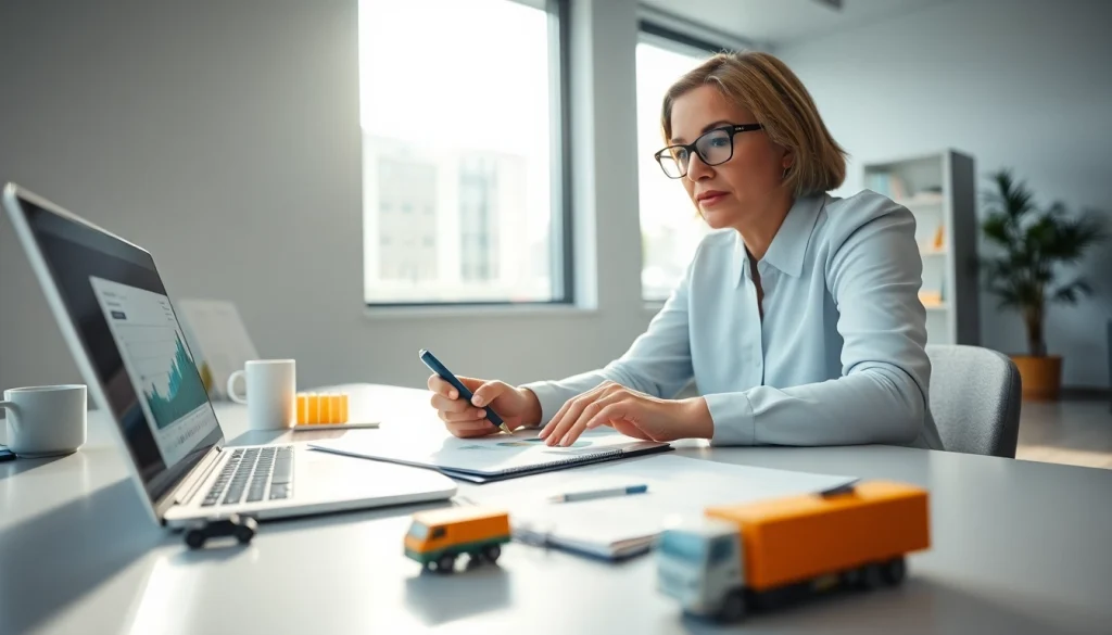 Księgowość dla firmy transportowej w profesjonalnym biurze, w którym księgowy analizuje dane finansowe.