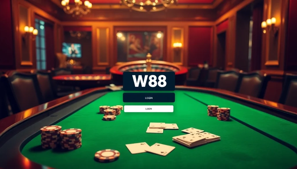 Engage with W88 login interface at a luxurious casino table with poker chips.